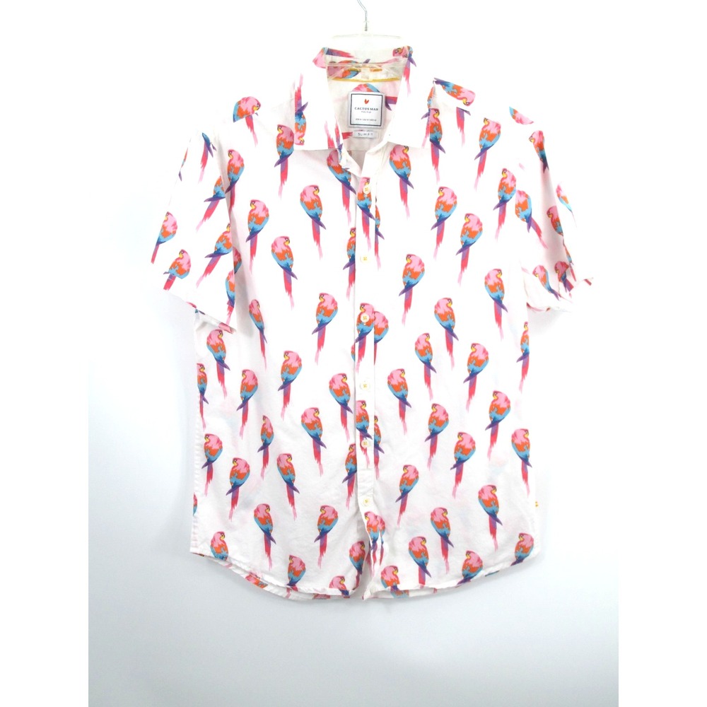 Cactus Man White Parrot Print Button Up Shirt Mens Med Slim Fit Short Sleeve